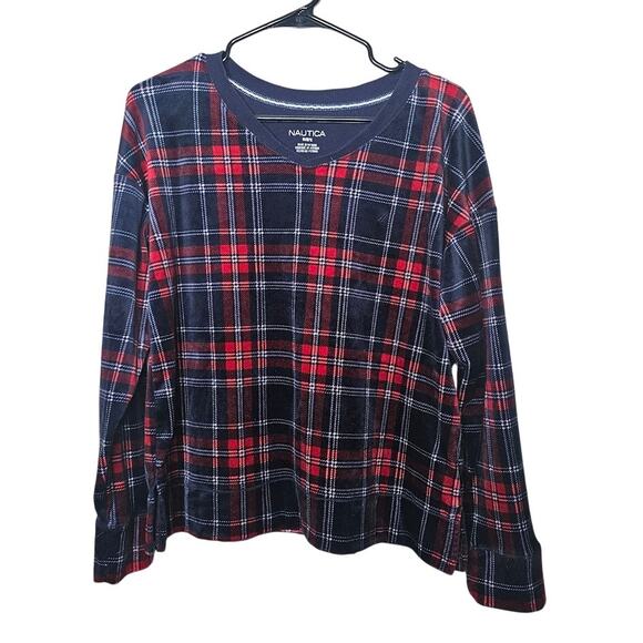 Nautica velour red and blue plaid pajama top women's size medium - Picture 1 of 4